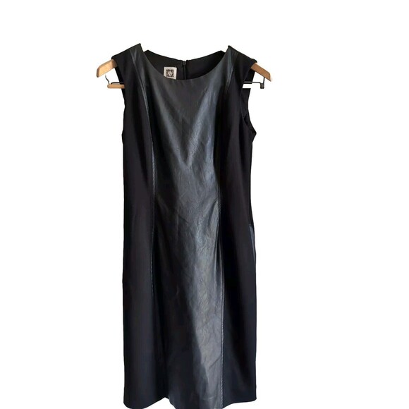Anne Klein Black On Black Faux Leather Midi Fitted Bodycon Dress 2 W/Pockets - Picture 1 of 10
